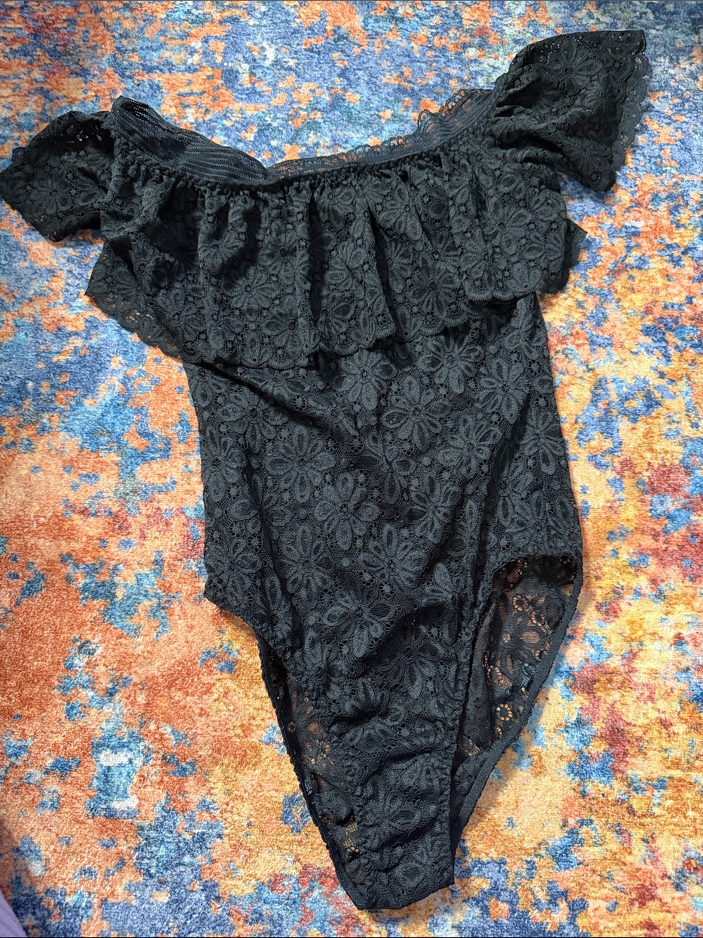 Victoria's Secret Black Lace Off-Shoulder Floral Bodysuit